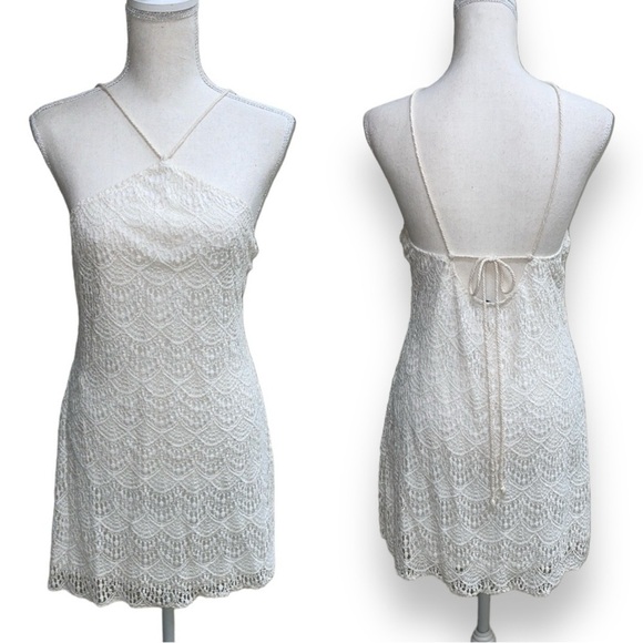 West 36th White Cotton Lace Halter Mini Dress Crisscross Tie Back Size Medium - Picture 7 of 7